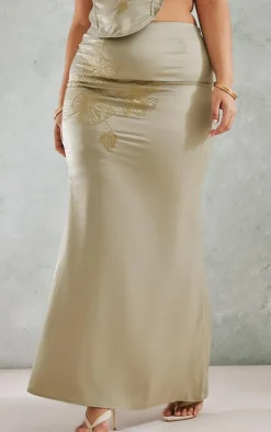 Plus Olive Embroidered Floral Satin Maxi Skirt