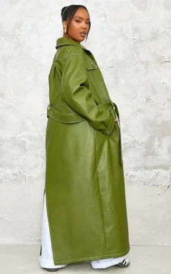 Plus Olive Faux Leather Contrast Stitch Split Hem Trench Coat
