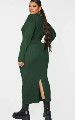 Plus Olive Half Zip Collared Detail Midaxi Dress