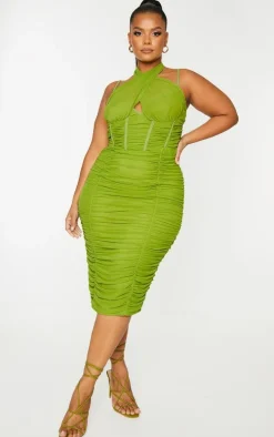 Plus Olive Mesh Cross Front Corset Detail Midi Dress