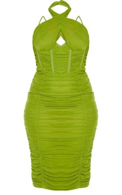 Plus Olive Mesh Cross Front Corset Detail Midi Dress
