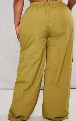 Plus Olive Nylon Wide Leg Cargo Pants