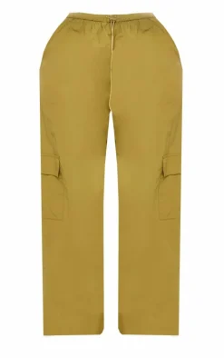 Plus Olive Nylon Wide Leg Cargo Pants