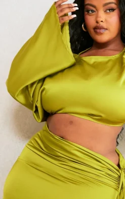 Plus Olive One Shoulder Satin Crop Top