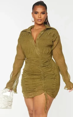 Plus Olive Plisse Textured Ruched Shirt Dress