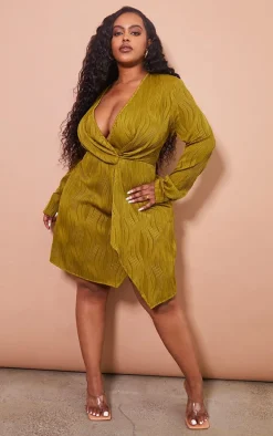 Plus Olive Plisse Wrap Front Dress