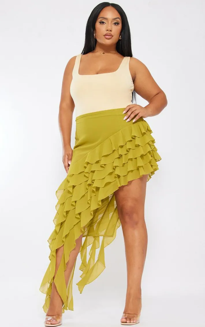 Plus Olive Ruffle Detail Asymmetric Midi Skirt