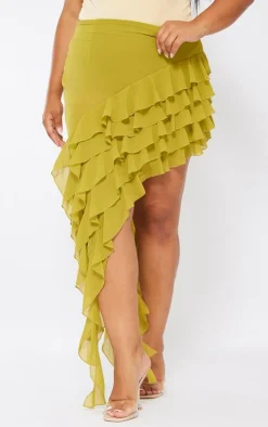 Plus Olive Ruffle Detail Asymmetric Midi Skirt