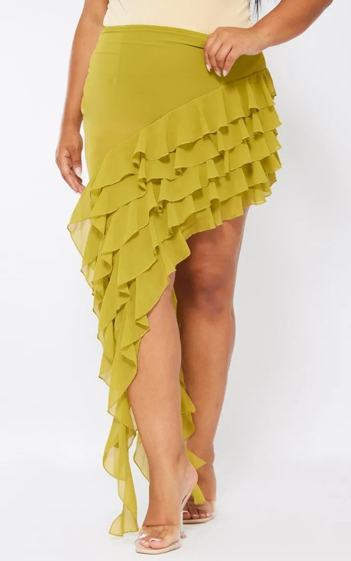 Plus Olive Ruffle Detail Asymmetric Midi Skirt