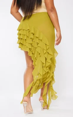 Plus Olive Ruffle Detail Asymmetric Midi Skirt