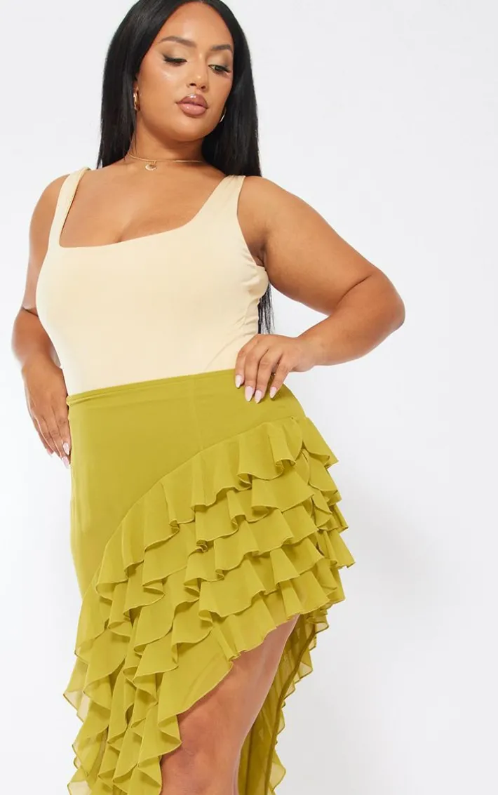 Plus Olive Ruffle Detail Asymmetric Midi Skirt