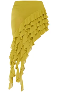 Plus Olive Ruffle Detail Asymmetric Midi Skirt