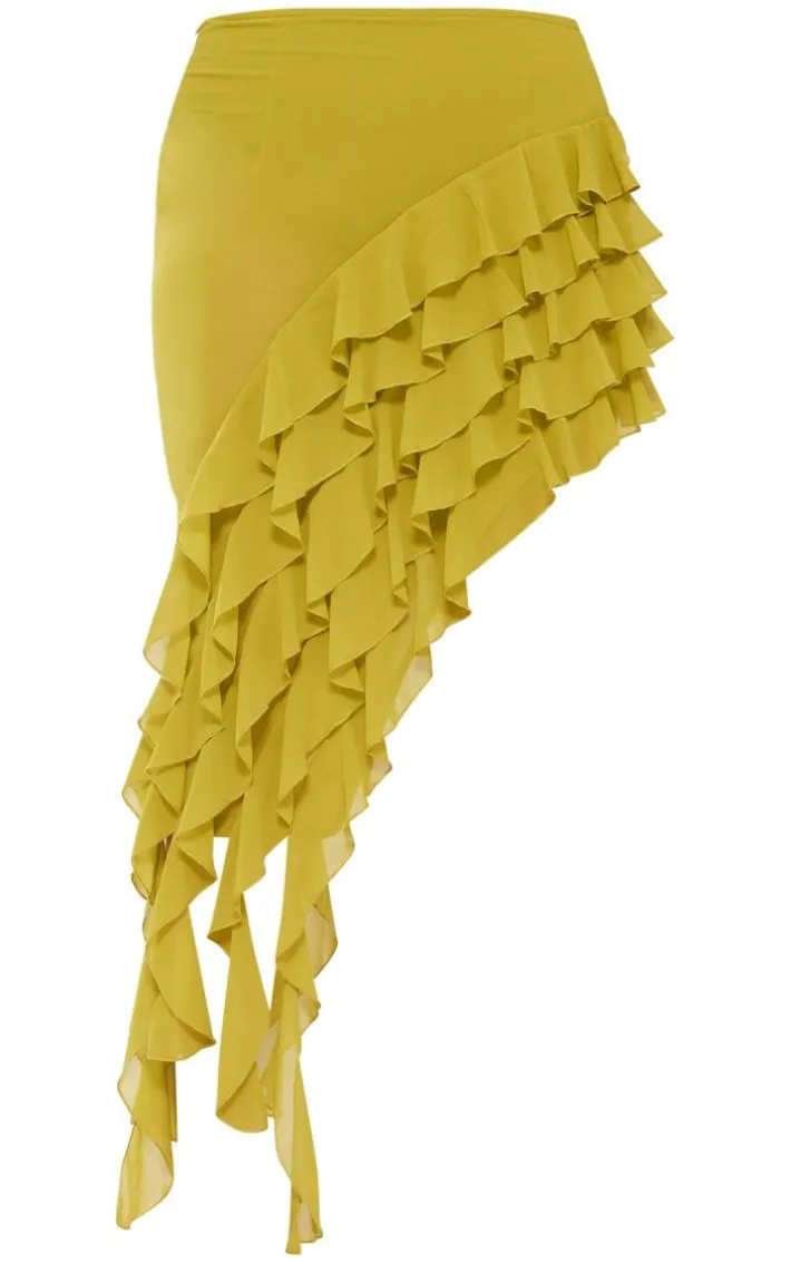 Plus Olive Ruffle Detail Asymmetric Midi Skirt