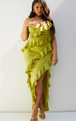 Plus Olive Satin Frill Layered Maxi Dress