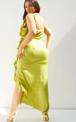 Plus Olive Satin Frill Layered Maxi Dress