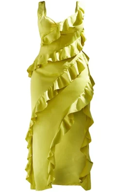 Plus Olive Satin Frill Layered Maxi Dress