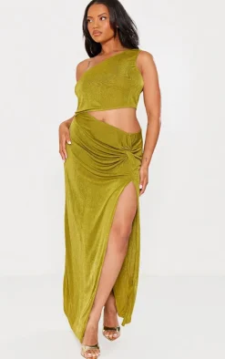 Plus Olive Slinky Asymmetric Shoulder Cut Out Maxi Dress