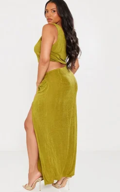 Plus Olive Slinky Asymmetric Shoulder Cut Out Maxi Dress