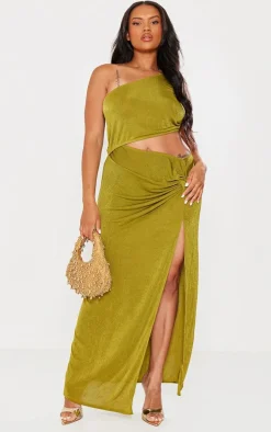 Plus Olive Slinky Asymmetric Shoulder Cut Out Maxi Dress