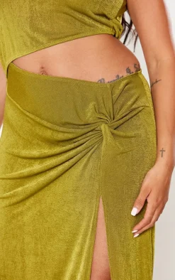 Plus Olive Slinky Asymmetric Shoulder Cut Out Maxi Dress