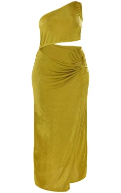 Plus Olive Slinky Asymmetric Shoulder Cut Out Maxi Dress