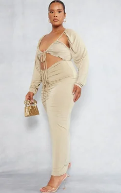 Plus Olive Slinky Cut Out Ruched Maxi Dress