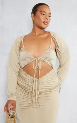 Plus Olive Slinky Cut Out Ruched Maxi Dress