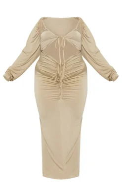 Plus Olive Slinky Cut Out Ruched Maxi Dress