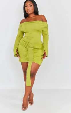 Plus Olive Slinky Drape Detail Bardot Bodycon Dress