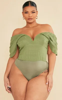 Plus Olive Textured Bardot Bodysuit