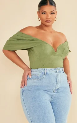 Plus Olive Textured Bardot Bodysuit