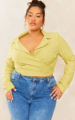 Plus Olive Textured Wrap Around Crop Blazer