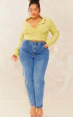 Plus Olive Textured Wrap Around Crop Blazer