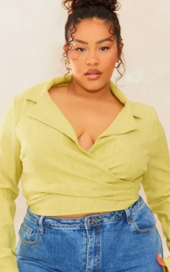 Plus Olive Textured Wrap Around Crop Blazer