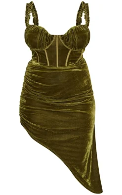 Plus Olive Velvet Ruffle Strap Corset Detail Midi Dress