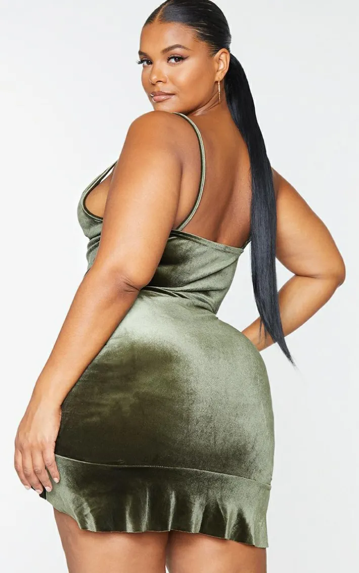 Plus Olive Velvet Strappy Ruched Frill Hem Bodycon Dress