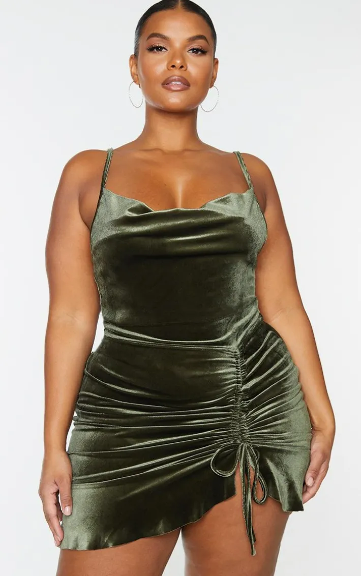 Plus Olive Velvet Strappy Ruched Frill Hem Bodycon Dress