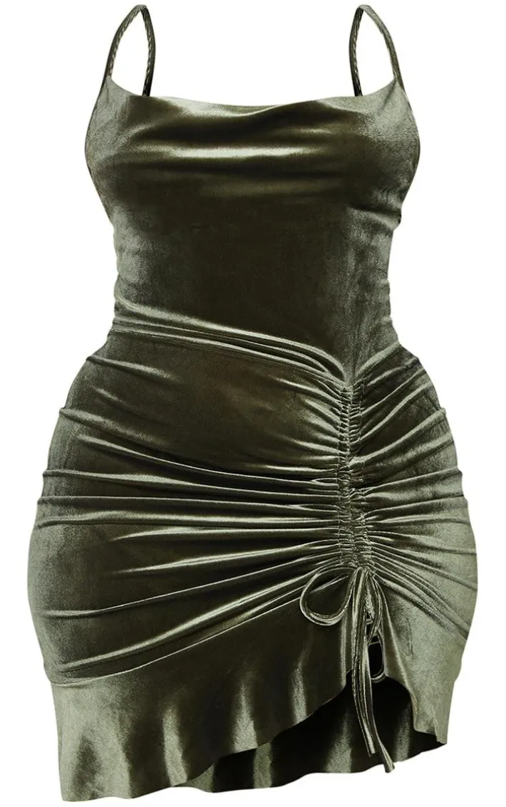 Plus Olive Velvet Strappy Ruched Frill Hem Bodycon Dress
