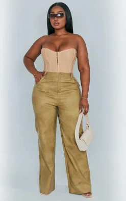 Plus Olive Washed Faux Leather Straight Leg Pants