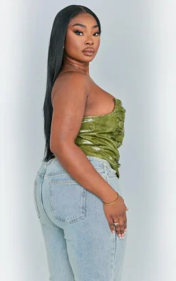 Plus Olive Washed Faux Leather Ruched Bandeau Corset