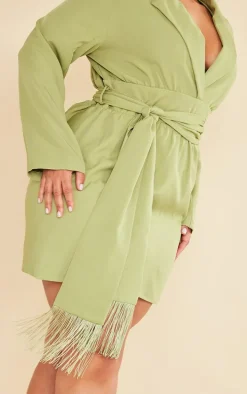 Plus Olive Wrap Front Tassel Belted Dress