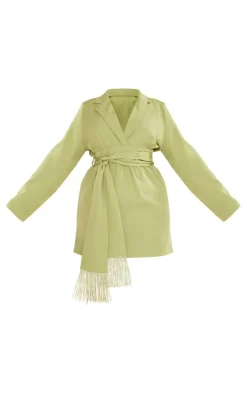 Plus Olive Wrap Front Tassel Belted Dress