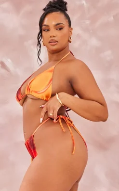 Plus Orange Abstract Printed Tie Side Bikini Bottoms
