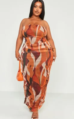 Plus Orange Abstract Print Mesh Bandeau Ruched Maxi Dress
