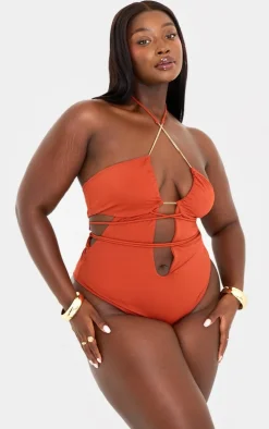 Plus Orange Chain Detail Cut Out Swimsuit