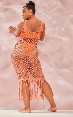 Plus Orange Fishnet Knitted Maxi Dress