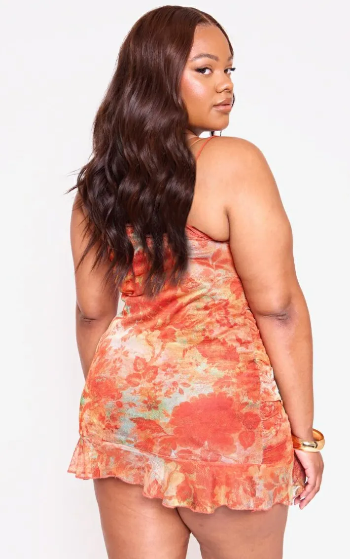 Plus Orange Floral Abstract Print Frill Detail Shift Dress