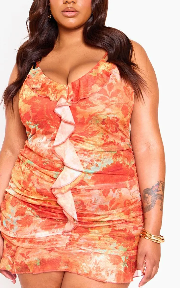 Plus Orange Floral Abstract Print Frill Detail Shift Dress