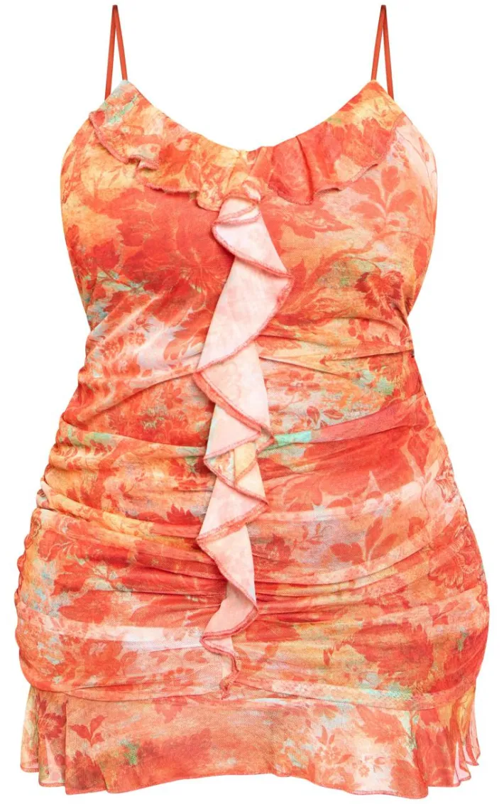Plus Orange Floral Abstract Print Frill Detail Shift Dress