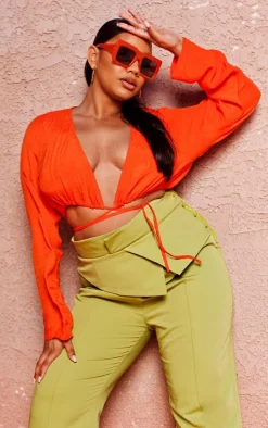 Plus Orange Linen Look Long Sleeve Plunge Beach Top